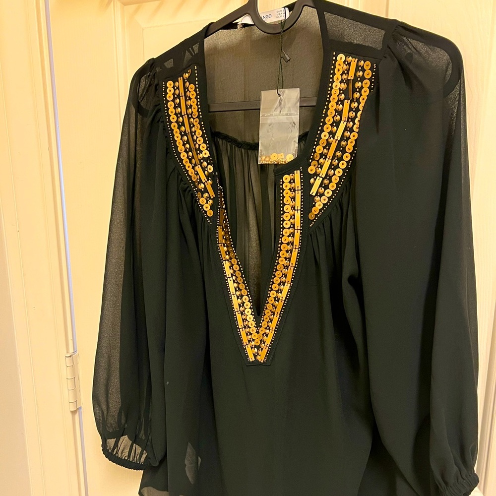 Black Mango top with gold embroidery.Brand new !